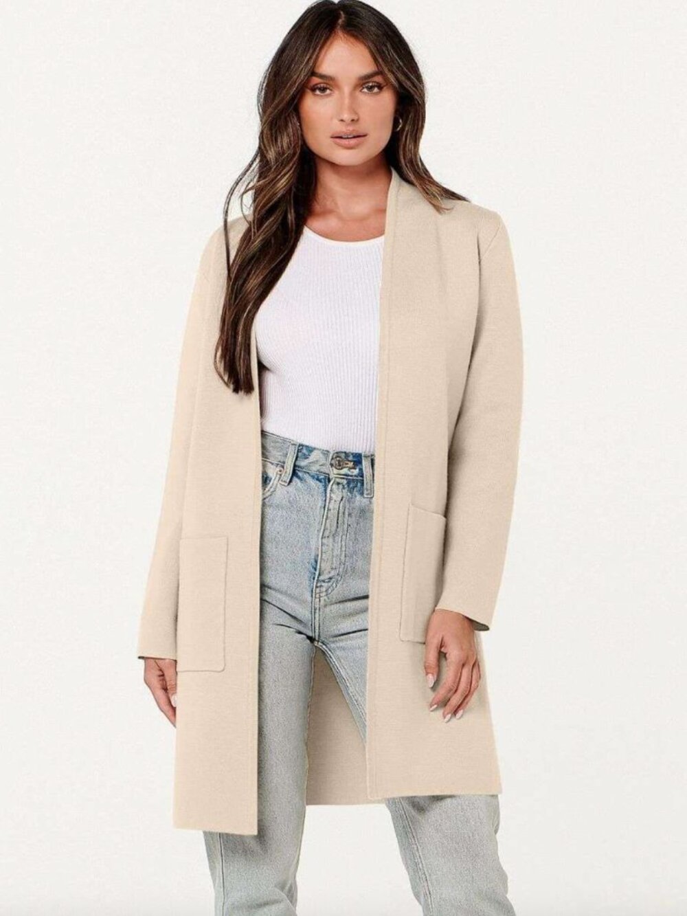 ANRABESS Women's Long Sleeve Open Front Cardigan Coat Cream Beige Size Small